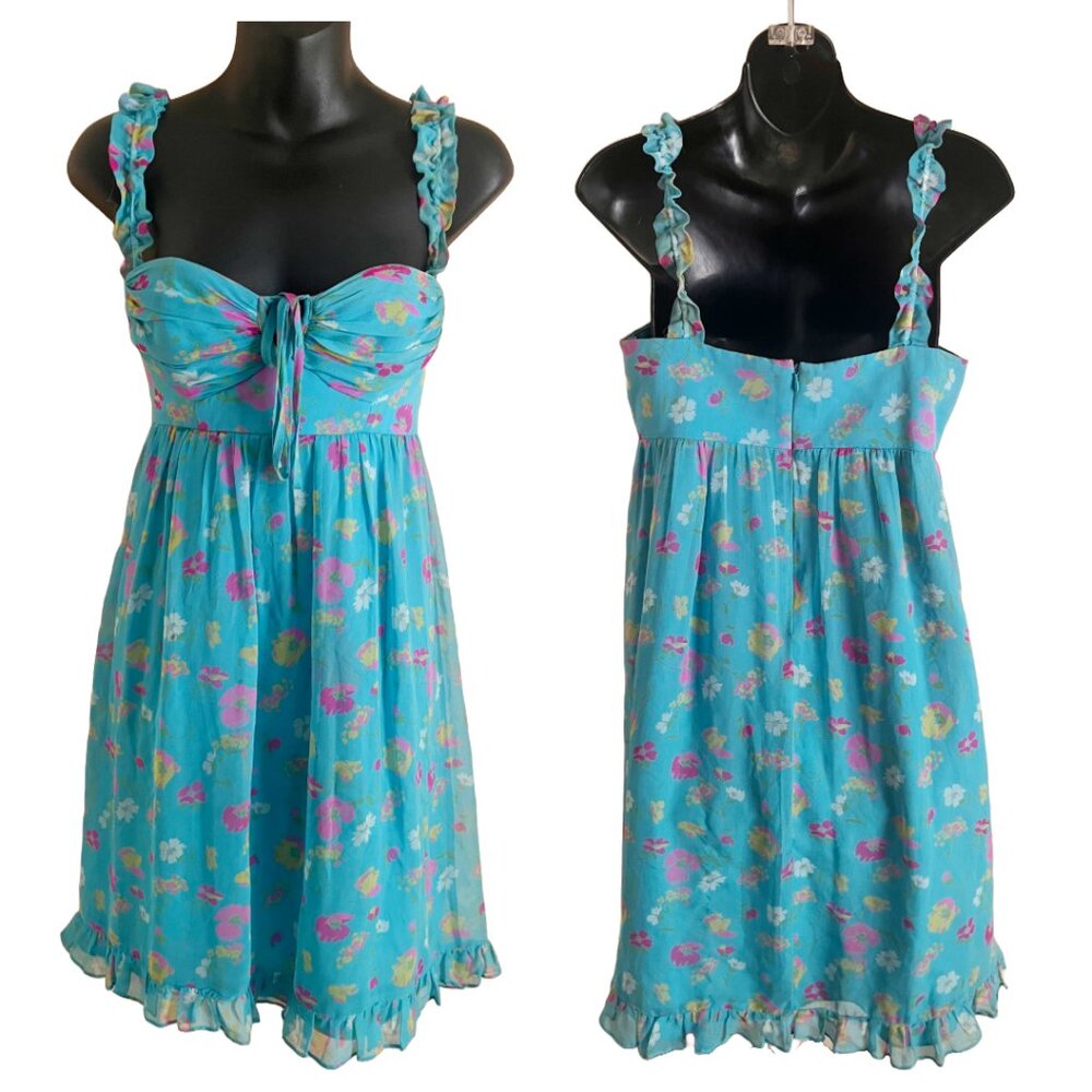 Vintage BETSEY JOHNSON blue sky floral sleeveless midi silk dress.